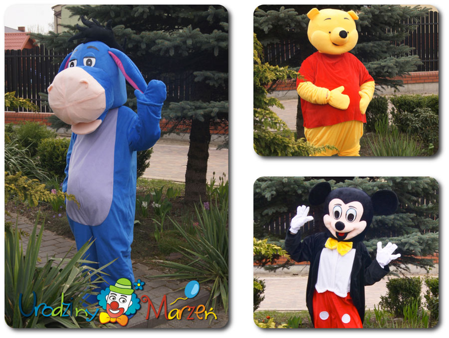 Żywe maskotki kubuś puchatek, osiłek kłapouchy, Myszka Mickey Kłapouchy maskotka, osiołek, Mickey, Kubuś Puchatek